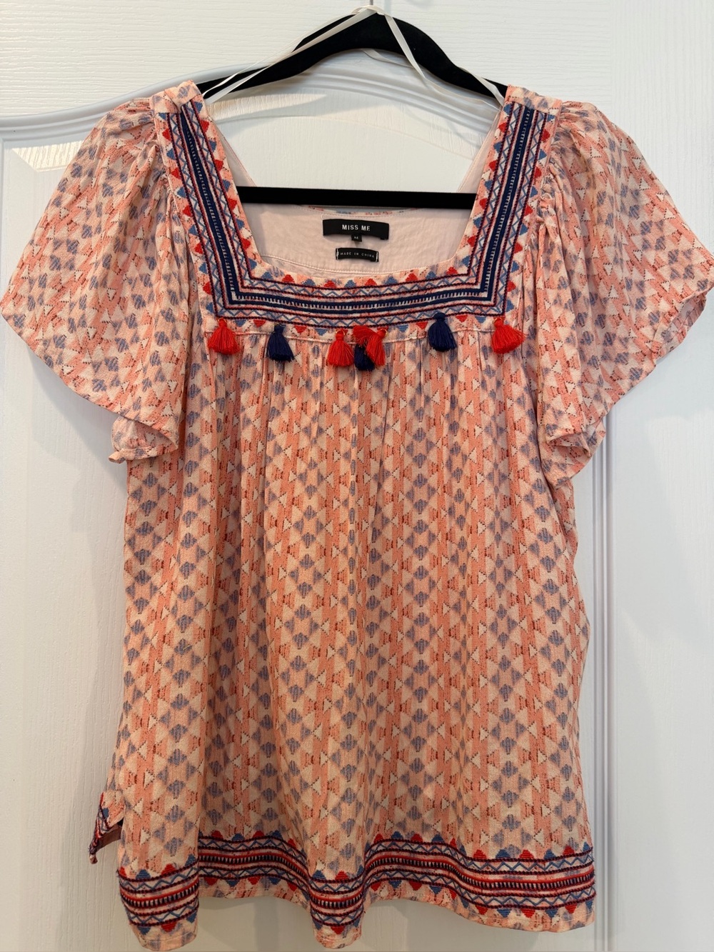 Miss Me Peach Geometric Tassel Peasant Blouse with Navy Trim